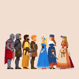 A side view of pixelated people depicted in a medieval style, standing against a plain empty background