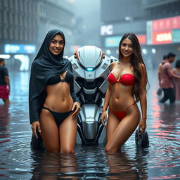 A vibrant scene featuring two women standing next to a futuristic robot in a flooded area