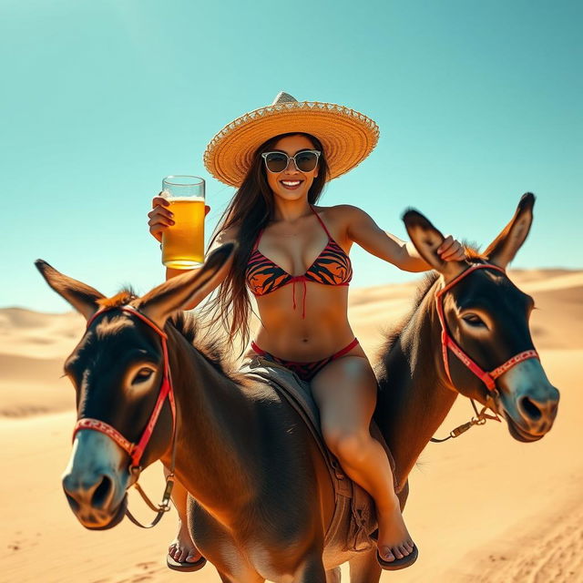 A sexy, skinny 18-year-old Mexican woman wearing a sombrero and a tiger stripe thong bikini with stylish reading glasses