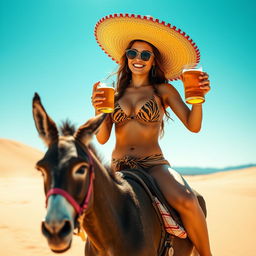 A sexy, skinny 18-year-old Mexican woman wearing a sombrero and a tiger stripe thong bikini with stylish reading glasses