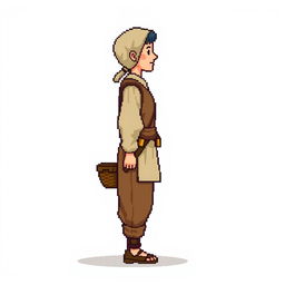 A side view of a pixelated peasant standing on a plain empty background, depicted in a medieval style