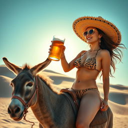 A sexy, skinny 18-year-old Mexican woman wearing a sombrero and a tiger stripe thong bikini with stylish reading glasses