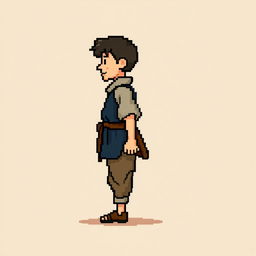 A side view of a pixelated peasant standing on a plain empty background, depicted in a medieval style