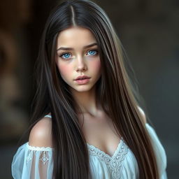 A beautiful girl with long, straight hair that reaches her waist, dark in color