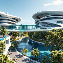 A futuristic bionic home design showcasing buildings with multiple flowing lines on their facades, emphasizing an innovative and organic architectural style