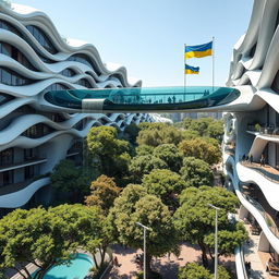 A futuristic bionic home design showcasing buildings with multiple flowing lines on their facades, emphasizing an innovative and organic architectural style