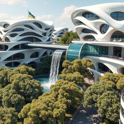 A futuristic bionic home design showcasing buildings with multiple flowing lines on their facades, emphasizing an innovative and organic architectural style