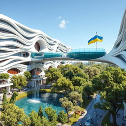 A futuristic bionic home design showcasing buildings with multiple flowing lines on their facades, emphasizing an innovative and organic architectural style