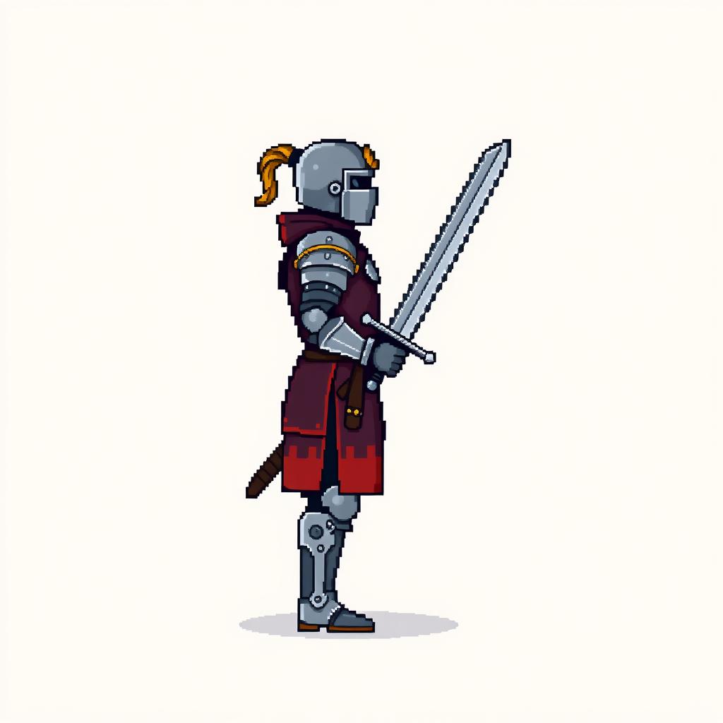 A side view of a pixelated swordsman standing on a plain empty background, depicted in a medieval style