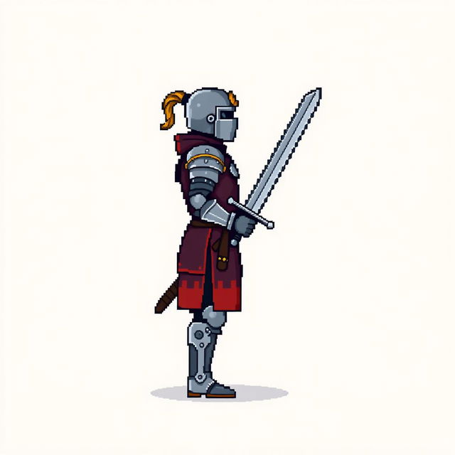 A side view of a pixelated swordsman standing on a plain empty background, depicted in a medieval style