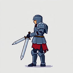 A side view of a pixelated swordsman standing on a plain empty background, depicted in a medieval style