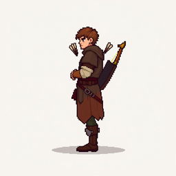 A side view of a pixelated archer standing on a plain empty background, depicted in a medieval style