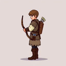 A side view of a pixelated archer standing on a plain empty background, depicted in a medieval style