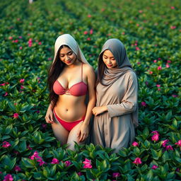 Two white-skinned girls, one a curvy 35-year-old Arab Muslim woman with an hourglass figure, wearing a skimpy bikini that includes a bandeau top and string elements