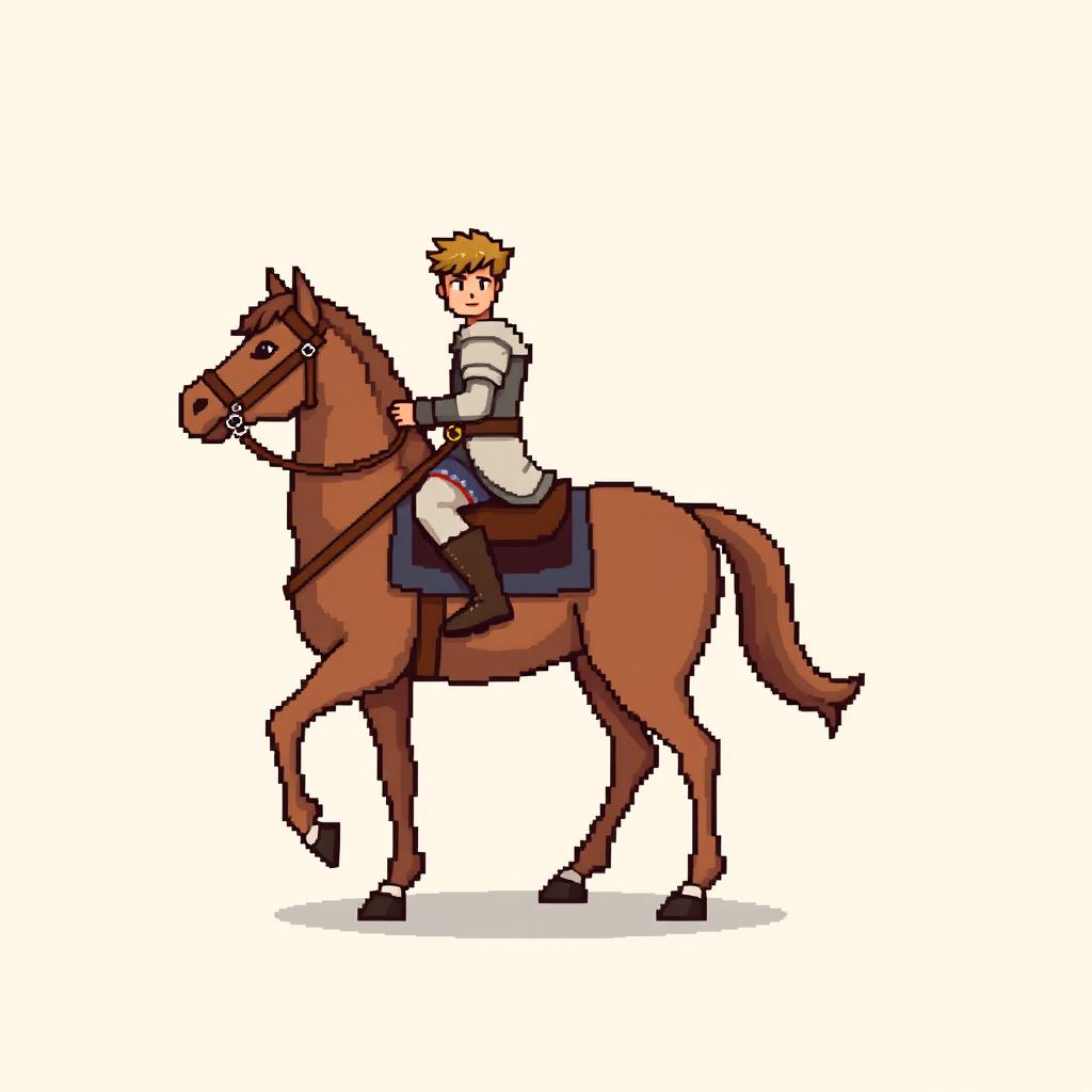 A side view of a pixelated rider on horseback, standing on a plain empty background, depicted in a medieval style