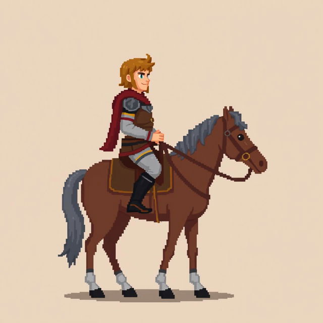 A side view of a pixelated rider on horseback, standing on a plain empty background, depicted in a medieval style