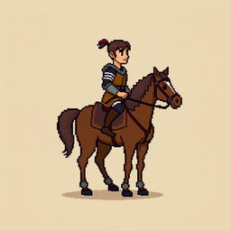 A side view of a pixelated rider on horseback, standing on a plain empty background, depicted in a medieval style