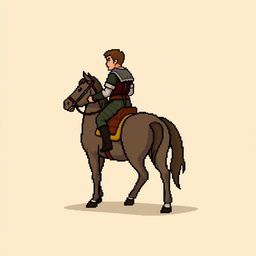 A side view of a pixelated rider on horseback, standing on a plain empty background, depicted in a medieval style