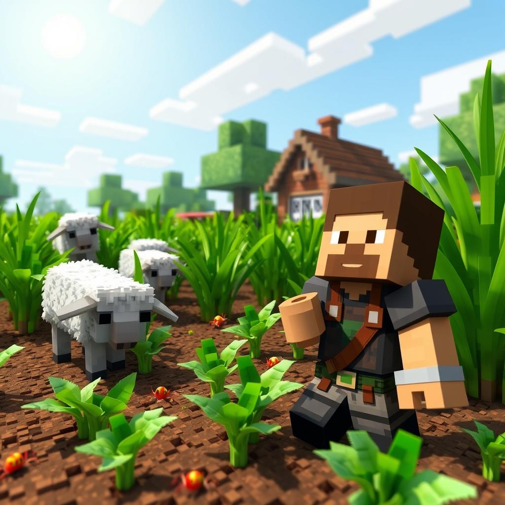 A vibrant Minecraft scene depicting lush green crops being damaged by playful sheep and small, colorful spiders