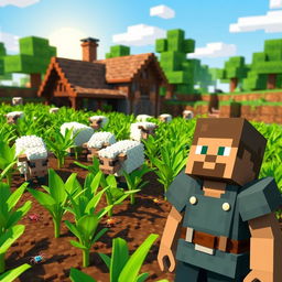 A vibrant Minecraft scene depicting lush green crops being damaged by playful sheep and small, colorful spiders