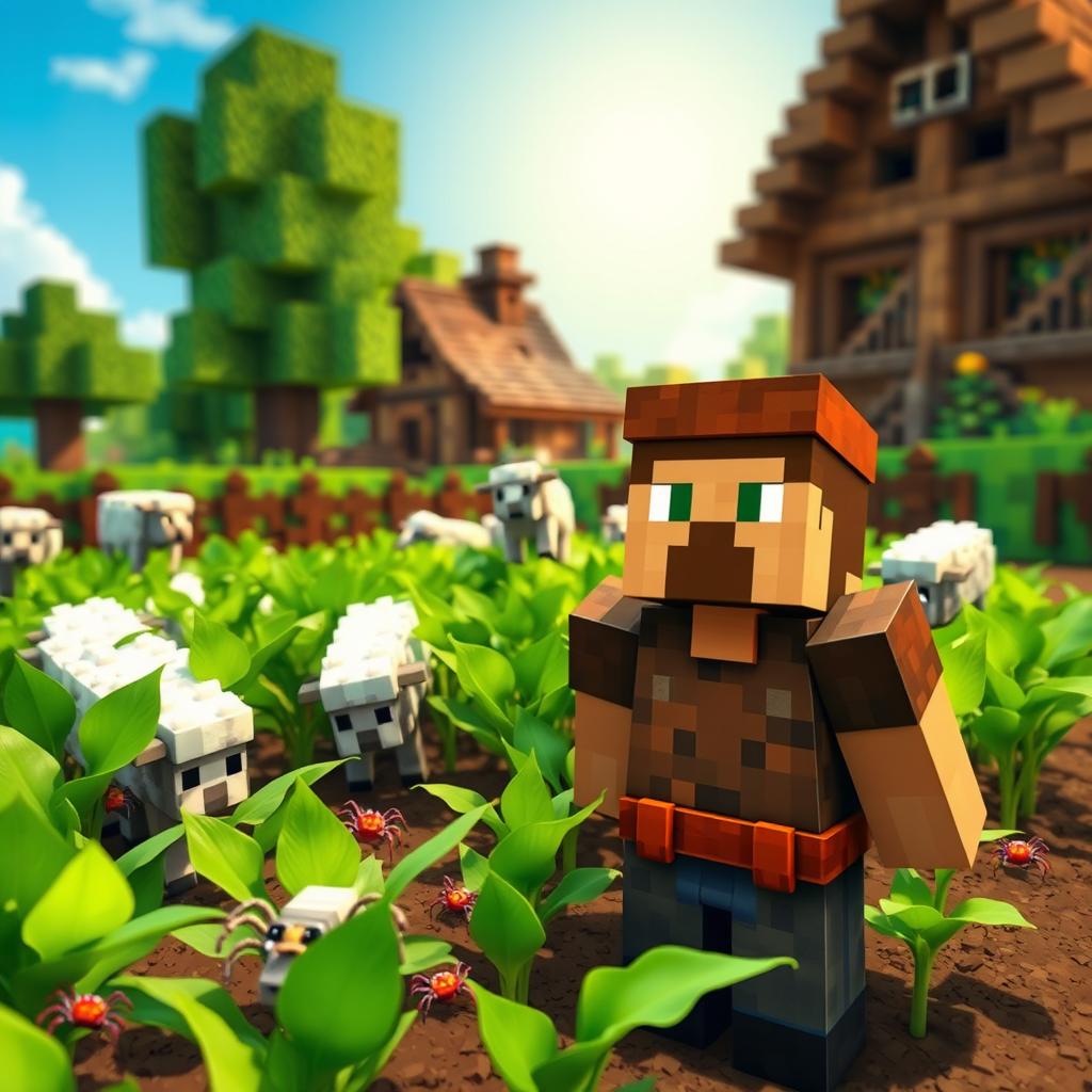 A vibrant Minecraft scene depicting lush green crops being damaged by playful sheep and small, colorful spiders