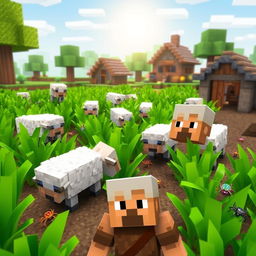 A vibrant Minecraft scene depicting lush green crops being damaged by playful sheep and small, colorful spiders