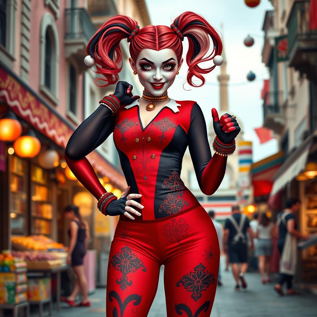 A vibrant reinterpretation of Harley Quinn infused with Turkish influences