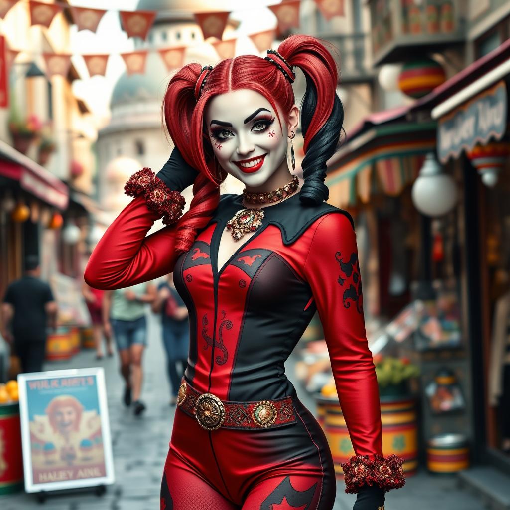 A vibrant reinterpretation of Harley Quinn infused with Turkish influences