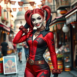 A vibrant reinterpretation of Harley Quinn infused with Turkish influences