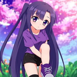 An anime girl with long, straight hair that reaches her waist, dark in color, featuring vibrant purple eyes and pale skin