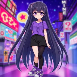 An anime girl with long, straight hair that reaches her waist, dark in color, featuring vibrant purple eyes and pale skin