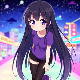 An anime girl with long, straight hair that reaches her waist, dark in color, featuring vibrant purple eyes and pale skin