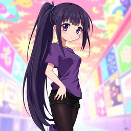 An anime girl with long, straight hair that reaches her waist, dark in color, featuring vibrant purple eyes and pale skin