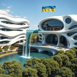 A futuristic bionic home design showcasing buildings with multiple flowing lines on their facades, emphasizing an organic, innovative architecture