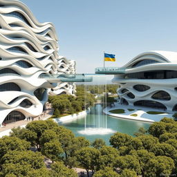 A futuristic bionic home design showcasing buildings with multiple flowing lines on their facades, emphasizing an organic, innovative architecture