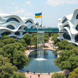 A futuristic bionic home design showcasing buildings with multiple flowing lines on their facades, emphasizing an organic, innovative architecture