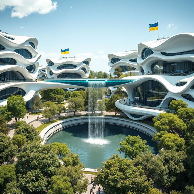 A futuristic bionic home design showcasing buildings with multiple flowing lines on their facades, emphasizing an organic, innovative architecture