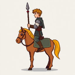 A side view of a pixelated rider holding a spear, standing on a plain empty background, depicted in a medieval style