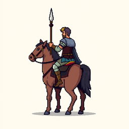 A side view of a pixelated rider holding a spear, standing on a plain empty background, depicted in a medieval style