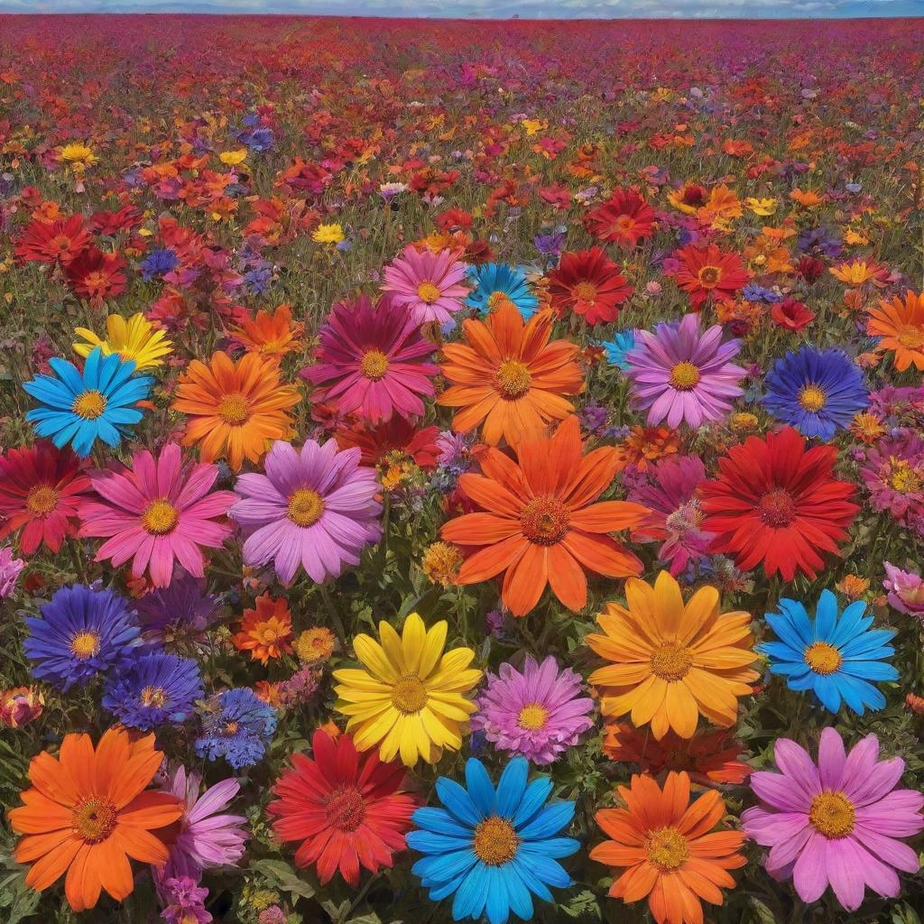 A vibrant array of psychedelic flowers in bloom, glowing with intense colors and intricate patterns in a mesmerizing field.