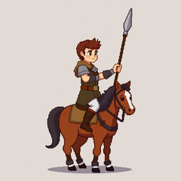 A side view of a pixelated rider holding a spear, standing on a plain empty background, depicted in a medieval style