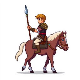 A side view of a pixelated rider holding a spear, standing on a plain empty background, depicted in a medieval style