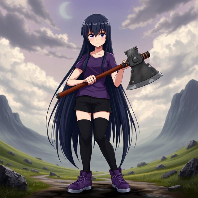 An anime girl with long, straight hair that reaches her waist, dark in color, featuring vibrant purple eyes and pale skin