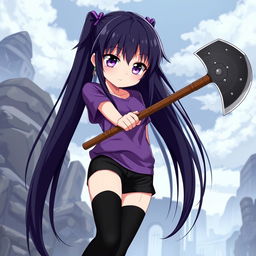 An anime girl with long, straight hair that reaches her waist, dark in color, featuring vibrant purple eyes and pale skin