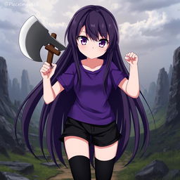 An anime girl with long, straight hair that reaches her waist, dark in color, featuring vibrant purple eyes and pale skin