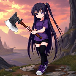 An anime girl with long, straight hair that reaches her waist, dark in color, featuring vibrant purple eyes and pale skin