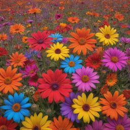 A vibrant array of psychedelic flowers in bloom, glowing with intense colors and intricate patterns in a mesmerizing field.