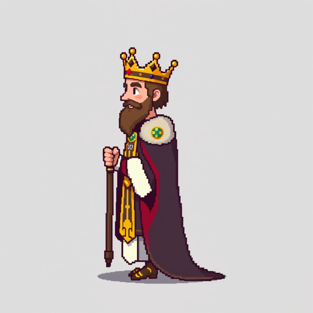 A side view of a pixelated king standing on a plain empty background, depicted in a medieval style