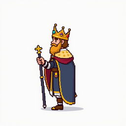 A side view of a pixelated king standing on a plain empty background, depicted in a medieval style