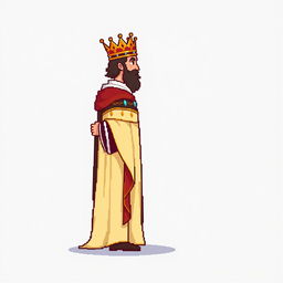 A side view of a pixelated king standing on a plain empty background, depicted in a medieval style